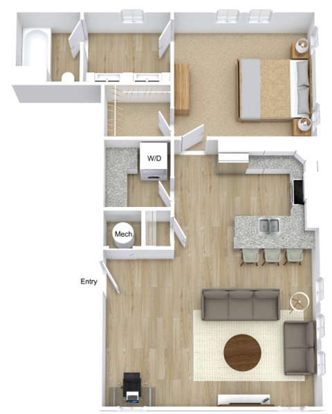 Floor plan for 1 bed, 1 bath, 738 sqft
